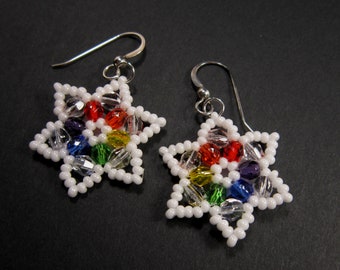 Snowflake Earrings, Rainbow Seed Bead Stars, Star Earrings, Seed Bead Rainbow Snow Flake, Rainbow Stars, Sterling Silver Ear Wires   {1057}