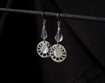 Moon Phase Charm Dangle Earrings with Light Blue Fire Polished Drops, Stainless Steel Ear Wires {1466}