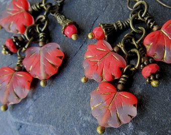 Maple Leaf Earrings, Czech Leaf Beads, Matte Coral, Crystal and Gold Veins, Antique Brass,  Boho Cluster Style on Niobium Ear Wires {1290}