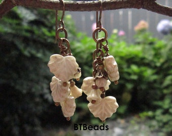 Leaf Earrings, Czech Maple Leaf Beads in Ivory Cream with  Antique Bronze Accents,  Boho Cluster Style on Niobium Ear Wires {1049}