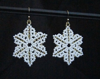Seed Bead Snowflake Earrings, Christmas Star Earrings, White Luster and Silver Lined Gold Seed Beads on Gold Filled  Ear Wires {1917}