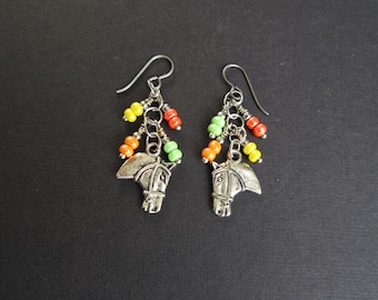 Horse Lover Earrings, Antique Silver Horse Charms, Czech Yellow, Green and Orange Beads, Antique Silver Jump Rings, Niobium Ear Wires {1379}