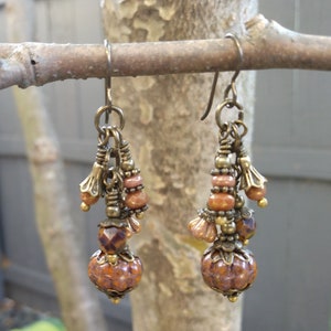 Fall Pumpkins, Gourds Czech Glass Orange Picasso Terra Cotta with Brown Accents, Cluster Style Dangle Earrings on Niobium Ear Wires  {1163}