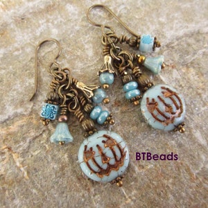 Jack O Lantern Earrings - Czech Blue Pumpkin Beads with Antique Bronze Accents - Cluster Style Boho Earrings on Niobium Ear Wires {1045}