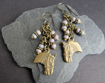 Horse Lover Earrings, Antique Bronze Horse Charms, Czech Matte Seed Beads, Antique Bronze Jump Rings, Niobium Ear Wires {1112}