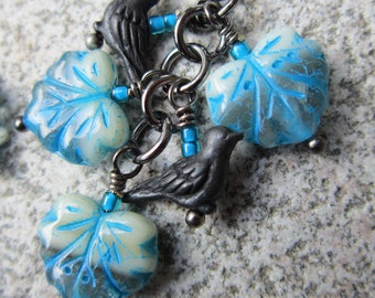 Leaf Earrings, Czech Maple Leaf Beads in Aqua and Cream with Tierra Cast Black Birds,  Boho Cluster Style on Niobium Ear Wires {1306}