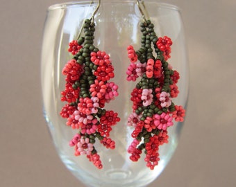 Seed Bead Flower Statement Earrings, Red, Coral and Pink Flowers, Delicate Handmade Flower Earrings on Niobium Ear Wires   {1133}