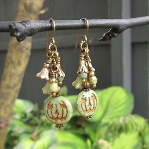 Jack O Lantern Earrings - Czech Mint Green Pumpkin Beads - Antique Bronze Accents - Cluster Style Boho Earrings on Niobium Ear Wires {1042}