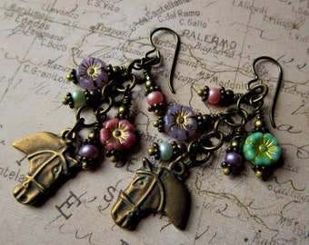 Horse Lover Earrings, Antique Bronze Horse Charms, Czech Flowers, Pearl Seed Beads, Antique Bronze Jump Rings, Niobium Ear Wires {1358}