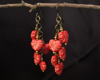 Maple Leaf Earrings, Czech Leaf Beads, Dark Coral Red With Gold Accents Veins, Antique Brass, Boho Cluster Style on Niobium Ear Wires {1293}