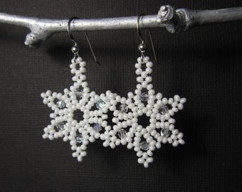 Snowflake Earrings, Seed Bead Earrings, Star Earrings, Seed Bead Snow Flake Earrings Sterling Silver Ear Wires   {1186}