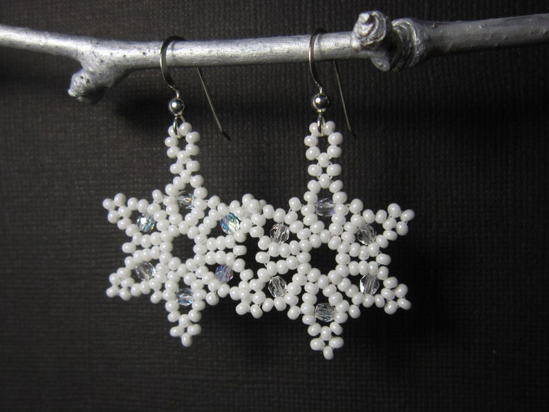 Snowflake Earrings, Seed Bead Earrings, Star Earrings, Seed Bead Snow Flake Earrings Sterling Silver Ear Wires 1186 image 1