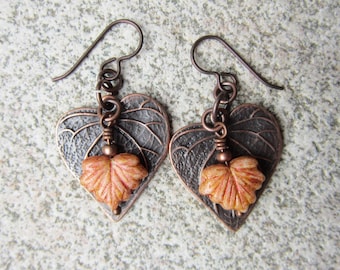 Copper Leaf Earrings with a Czech Pressed Glass Leaf on Niobium Ear Wires {1581}