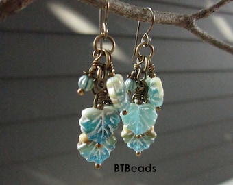 Leaf Earrings, Czech Maple Leaf Beads in Aqua and Cream with Antique Bronze Accents,  Boho Cluster Style on Niobium Ear Wires {1046}