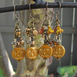Jack O Lantern Earrings - Czech Dark Gold Pumpkin Beads - Antique Bronze Accents - Cluster Style Boho Earrings on Niobium Ear Wires {1908.9}