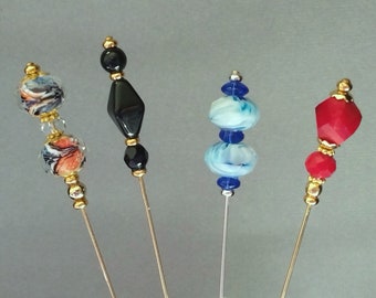 Hat Pin, Stick Pin, Czech Glass Beads, Gold or Silver Plated Six Inch Pins, with Clutches