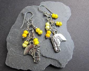 Horse Lover Earrings, Antique Silver Horse Charms, Czech Yellow Seed Beads, Antique Silver Jump Rings, Niobium Ear Wires {1376}