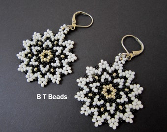 Statement Earrings, Black, White, Silver Seed Beads Star Flower Huichol Style Mandala Earrings, Stainless Steel Lever Back Ear Wires  {1023}