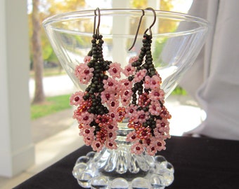 Seed Bead Flower Statement Earrings, Salmon Pink Flowers, Delicate Handmade Flower Earrings on Niobium Ear Wires   {1137}