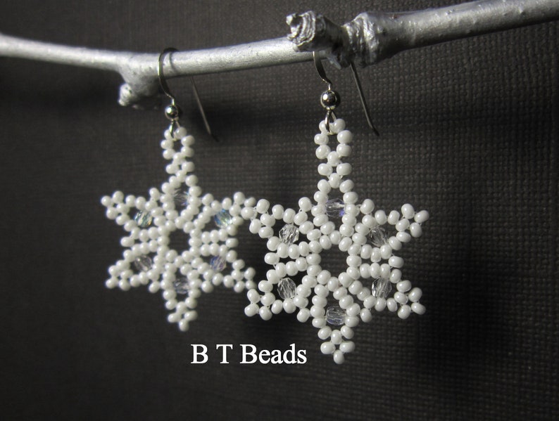 Snowflake Earrings, Seed Bead Earrings, Star Earrings, Seed Bead Snow Flake Earrings Sterling Silver Ear Wires 1186 image 3