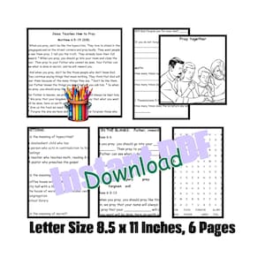 May include: A printable worksheet set for teaching children about prayer. The set includes a coloring page, a word search, and a fill-in-the-blank activity. The worksheets are designed to be used with children in grades 1-3. The worksheets are 8.5 x 11 inches and there are 6 pages in the set.