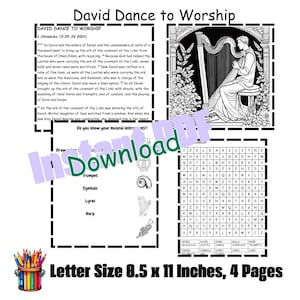 May include: A black and white printable coloring page featuring a scene from the Bible story of David dancing before the Ark of the Covenant. The page includes a word search puzzle with the words "David", "rams", "horns", "covenant", "trumpets", and more. The page is 8.5 inches by 11 inches and is part of a four-page set.