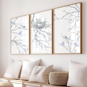 Blue Bird Chinoiserie Fabric Wallpaper Print Set, 3 piece Home Decor Digital Printable Wall Art, Digital Download