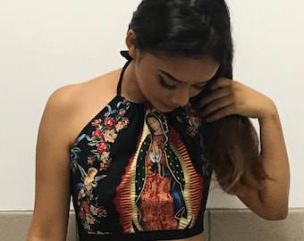 Custom Size Made to Order Virgin of Guadalupe Halter Top Alexander Henry Fabric Boutique Style Virgen de Guadalupe Choose Black or Cream