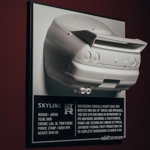 Op de afbeelding: Een wit model van een Nissan Skyline GT-R, een Japanse sportwagen, gemonteerd op een zwarte plaquette met tekst die de specificaties van de auto beschrijft. De tekst luidt: "Skyline GT-R, Nissan - Japan, Jaar: 1995, Motor: 2,6 L 16, Twin-Turbo, Vermogen: 276 pk/6800 tpm, Gewicht: 1540 kg, De opvolger van Godzilla was niet gemakkelijk, maar met zijn eigen arsenaal aan trucs en upgrades heeft de R33 GTR furore gemaakt in de autosport en is hij een favoriet van de fans geworden. Vermogen en technologie die in typisch Japanse stijl zijn verwerkt, de eerste productieauto die de Nürburgring in minder dan 8 minuten heeft voltooid."