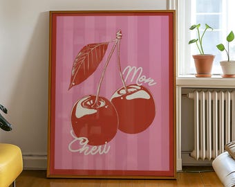 Arte Mon Cheri | Arte Cheri | Pôster de cereja vermelha | Impressão retrô de cereja | Arte do Dia dos Namorados | Decoração de dia dos namorados | Arte de cereja | Presentes de cereja