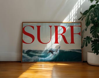Pôster de surfe, arte de parede de surfe, pôster de surfe costeiro azul, impressão de fotografia de surfe, impressão de arte oceânica, decoração estética de dormitório, presente de surfista