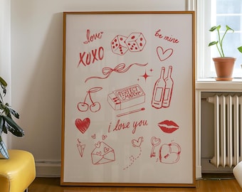 Pôster retrô de Dia dos Namorados, arte de parede retrô branca e vermelha, estampas rosas da moda, arte de parede fofa e elegante, decoração feminina Y2k, arte de parede para impressão de amor