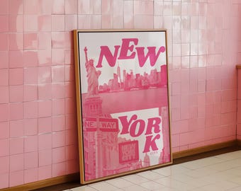 Arte retrô de Nova York | Arte de dormitório de parede rosa de NYC | Arte de parede de cidade de viagem Impressão feminina de NYC