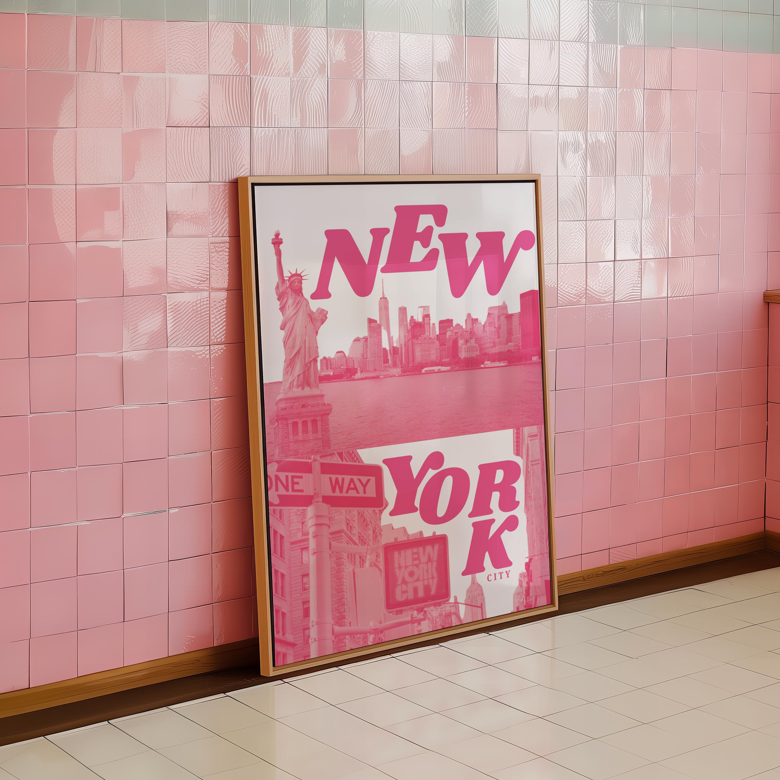 Retro Graphics Pink New York City Retro Art | Pink NYC Wall Dorm Art | Travel City Wall Art ...