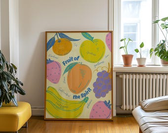 Arte de parede do fruto do espírito, pôster do fruto do espírito, arte de parede da Bíblia, arte de parede cristã moderna, arte de pêssego, decoração de cozinha, arte de frutas