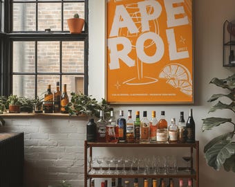 Impressão artística de Aperol Spritz | Pôster de coquetel para decoração de carrinho de bar | Placa de bebida exclusiva para festa | Parede moderna | Retrô colorido moderno