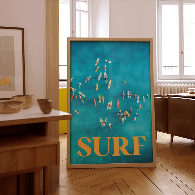 Surfaffisch, surfväggkonst, blå kustsurfposter, fotografi av surfing, havskonsttryck, retro surfaffisch bild 1
