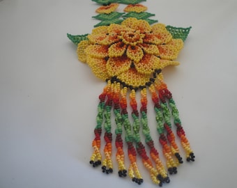 Sunflower long tassel huichol art seed bead necklace