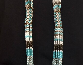 African Zulu beaded rope necklace in blue turquoise , brown and cream
