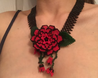 OOAK,Red poppy flower, Red and black necklace, Beadwoven necklace, Elegance necklace, Carnation necklace