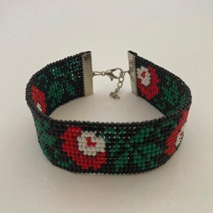 Herringbone stitch bracelet, red flower bracelet,