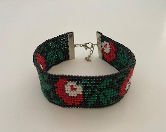 Herringbone stitch bracelet, red flower bracelet,