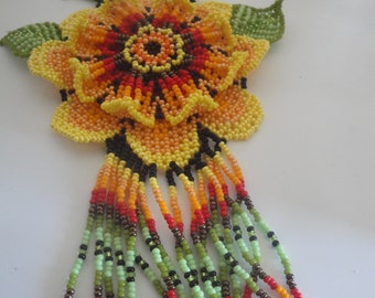 Sunflower long tassel huichol art seed bead necklace, Yellow, green necklace