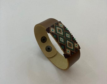 unisex leather Bracelet  - Leather Beadwoven Bracelet - Miyuki bracelet - delica bracelet