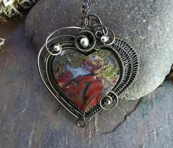 Stone Heart with Woven Wire Pendant