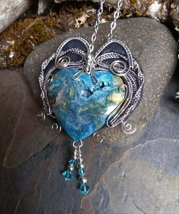 Turquoise Blue Moss Agate Heart Pendant Part 6