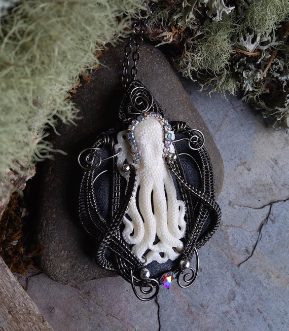 Twistedsisterarts Gothic Steampunk Carved Bone Octopus Pendant Part 1