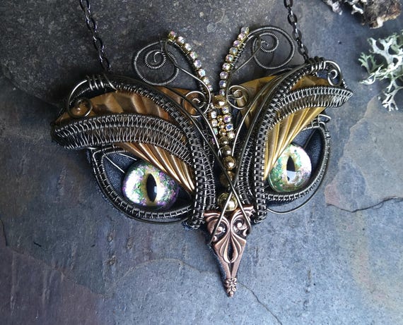 Gothic Steampunk Colorshift Pink to Green Eyes Owl Necklace