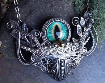 Gothic Steampunk Blue Green Evil Eye Pendant Necklace