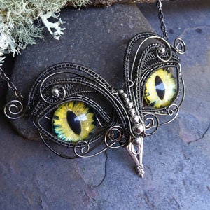 Gothic Steampunk Twisted Sister Arts Owl Pendant with Yellow Eyes image 1